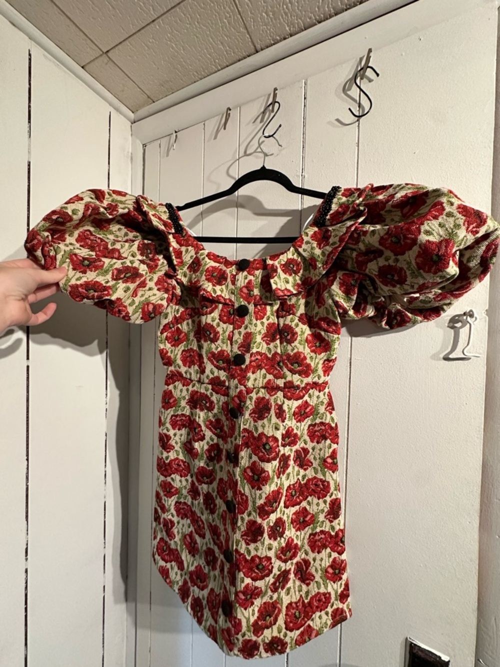 FREE PEOPLE NWT Quilted Puff Sleeve Floral Mini Dress with Button Front beaded